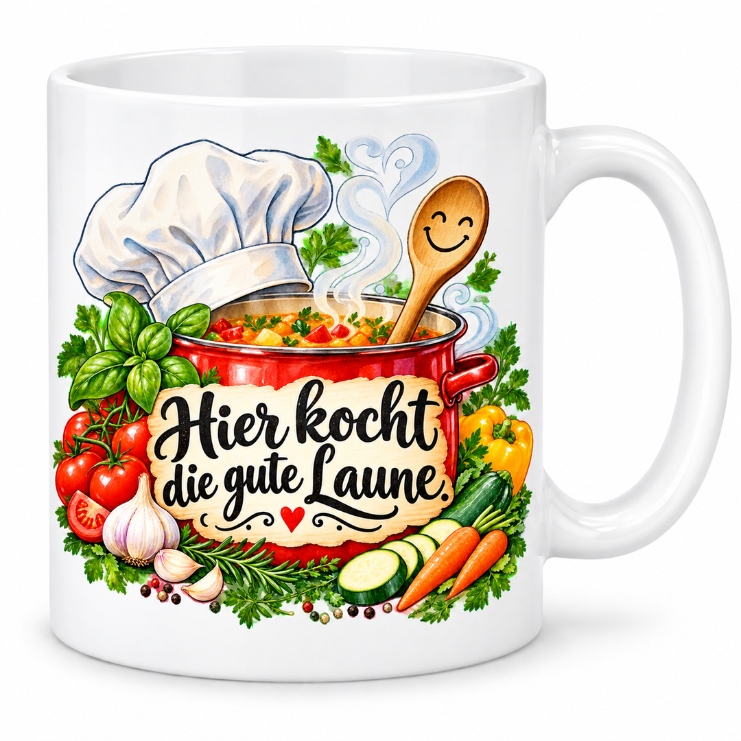 Kochtasse „Hier kocht die gute Laune.“ – 7 Farben – weiße Tasse