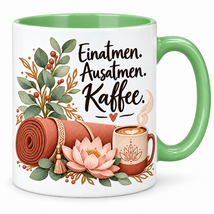 Yoga-Tasse „Einatmen. Ausatmen. Kaffee.“ – gruen, weiße Außenseite