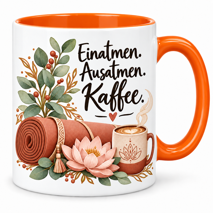 Yoga-Tasse „Einatmen. Ausatmen. Kaffee.“ – orange, weiße Außenseite