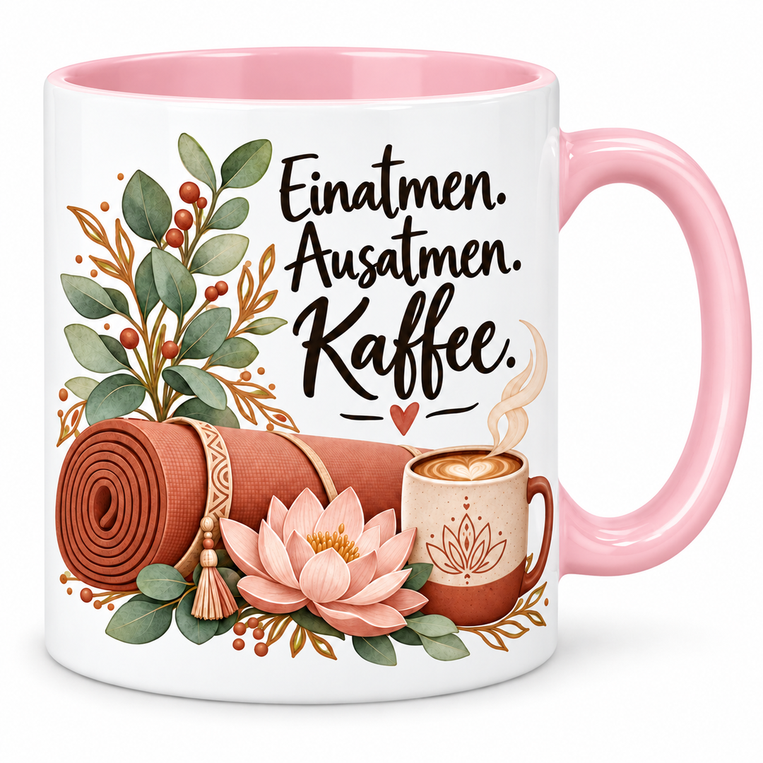 Yoga-Tasse „Einatmen. Ausatmen. Kaffee.“ – rosa, weiße Außenseite