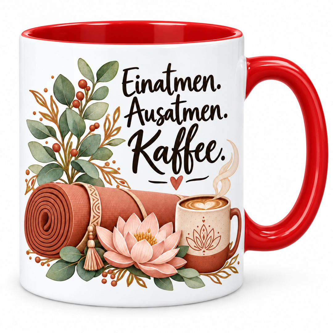 Yoga-Tasse „Einatmen. Ausatmen. Kaffee.“ – rot, weiße Außenseite