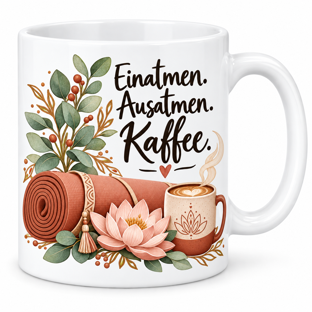 Yoga-Tasse „Einatmen. Ausatmen. Kaffee.“ – 7 Farben – weiße Tasse