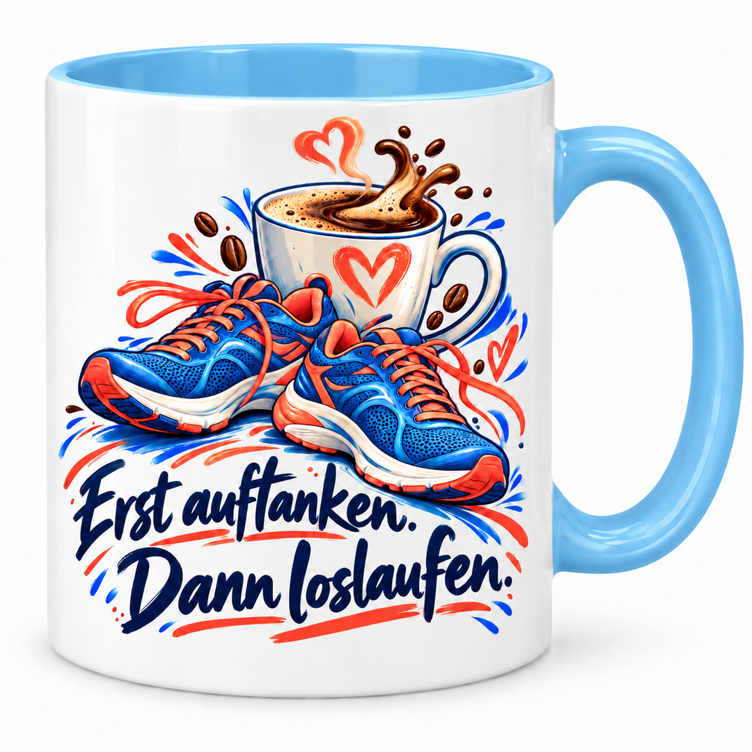 Lauf-Tasse „Erst auftanken. Dann loslaufen.“ – blau, weiße Außenseite