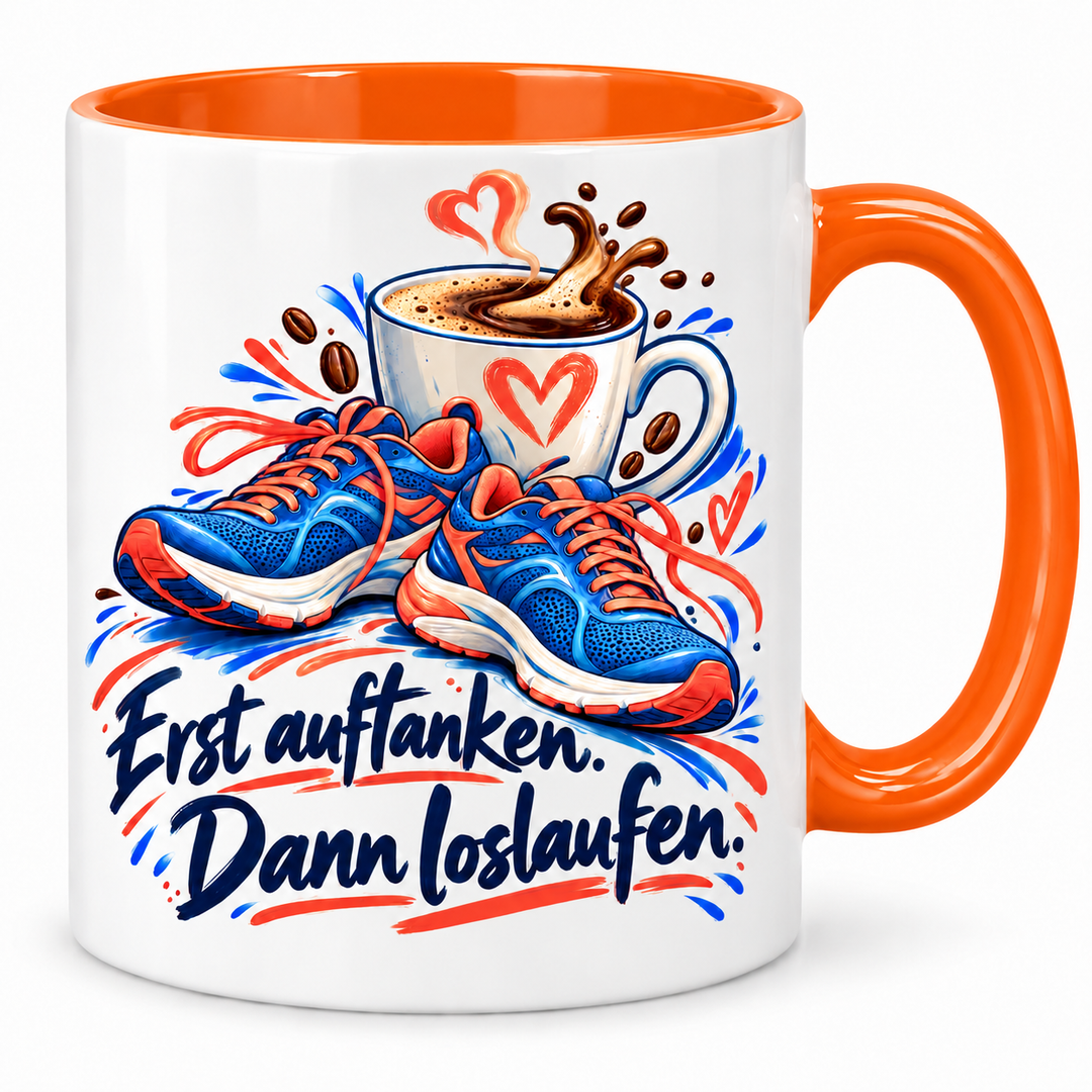 Lauf-Tasse „Erst auftanken. Dann loslaufen.“ – orange, weiße Außenseite