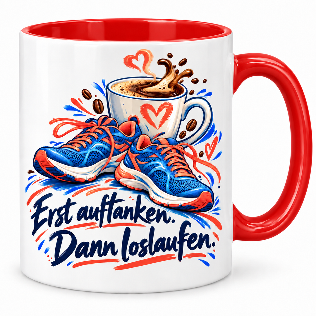Lauf-Tasse „Erst auftanken. Dann loslaufen.“ – rot, weiße Außenseite