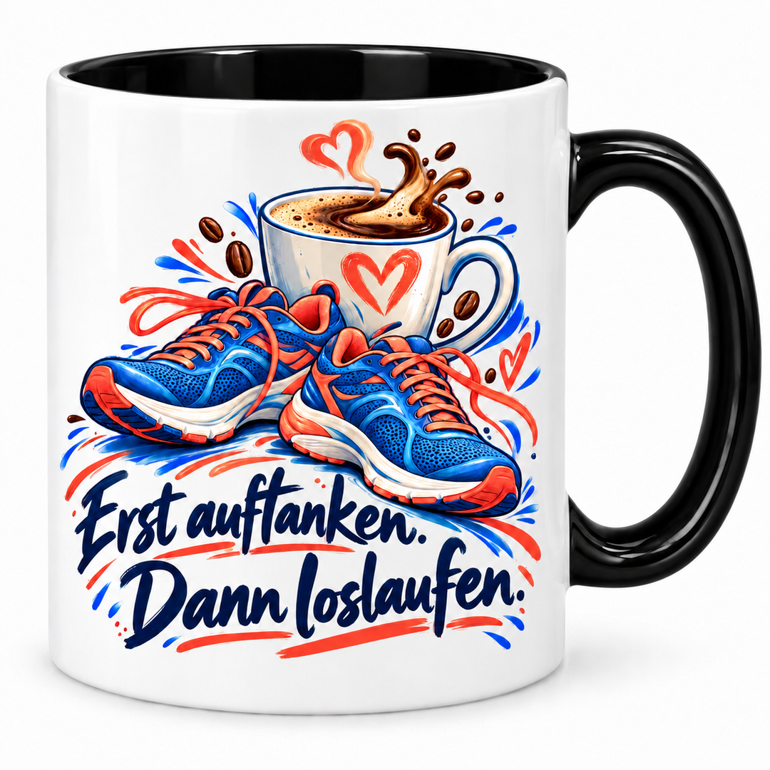 Lauf-Tasse „Erst auftanken. Dann loslaufen.“ – schwarz, weiße Außenseite