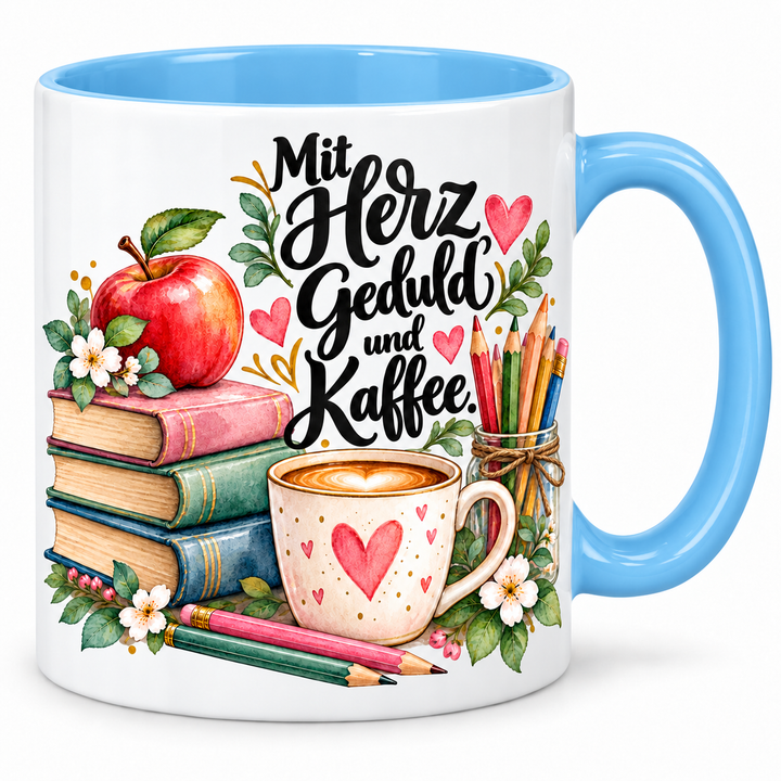 Lehrerinnen-Tasse „Mit Herz, Geduld und Kaffee.“ – Blau