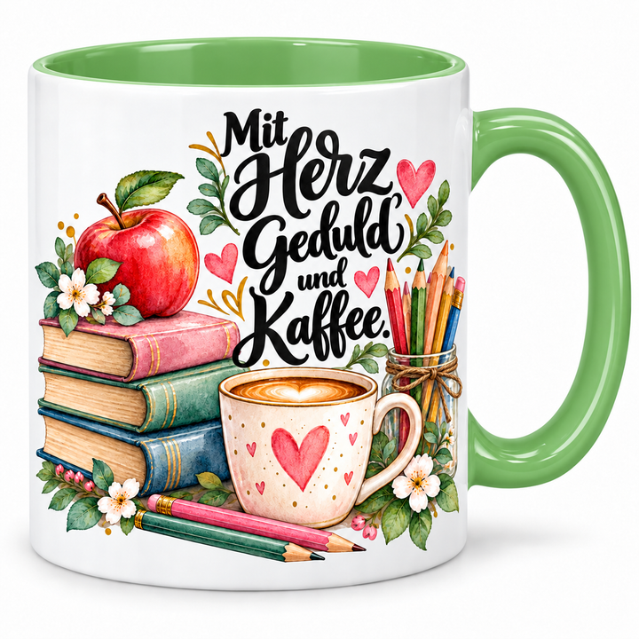Lehrerinnen-Tasse „Mit Herz, Geduld und Kaffee.“ – Grün