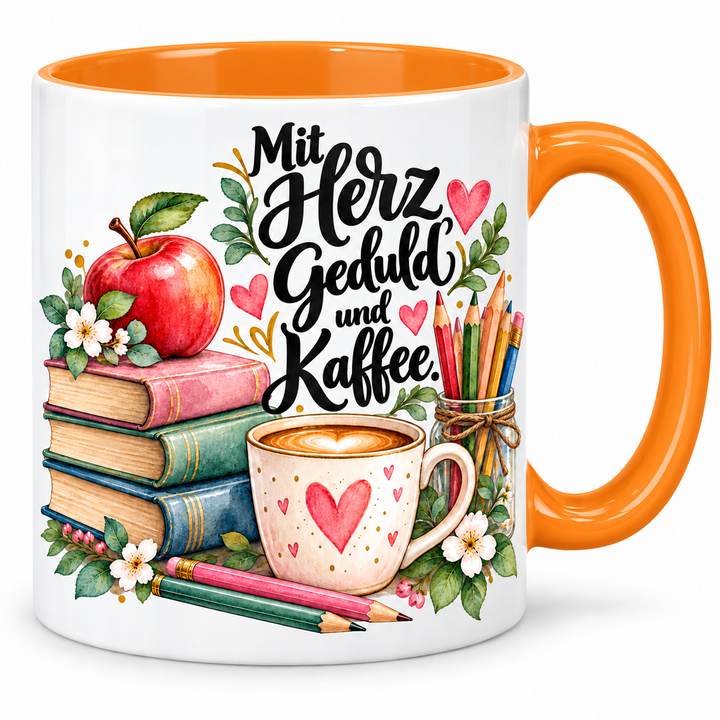 Lehrerinnen-Tasse „Mit Herz, Geduld und Kaffee.“ – Orange