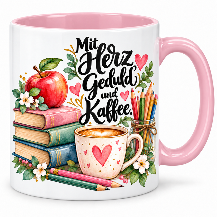 Lehrerinnen-Tasse „Mit Herz, Geduld und Kaffee.“ – Rosa