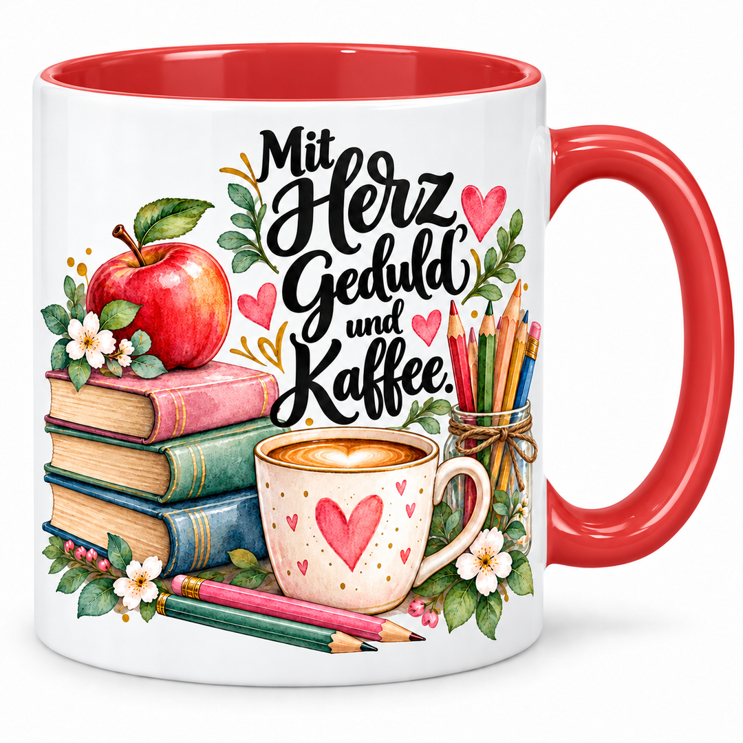 Lehrerinnen-Tasse „Mit Herz, Geduld und Kaffee.“ – Rot