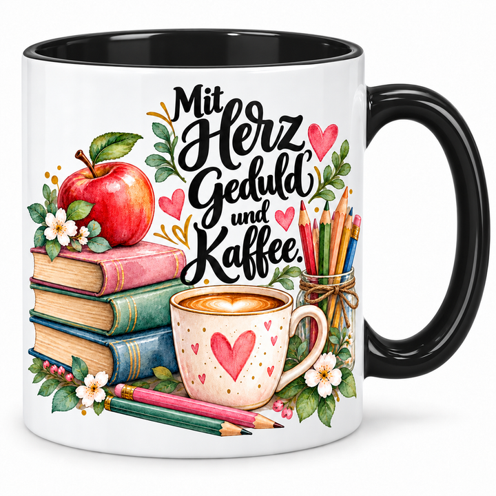 Lehrerinnen-Tasse „Mit Herz, Geduld und Kaffee.“ – Schwarz