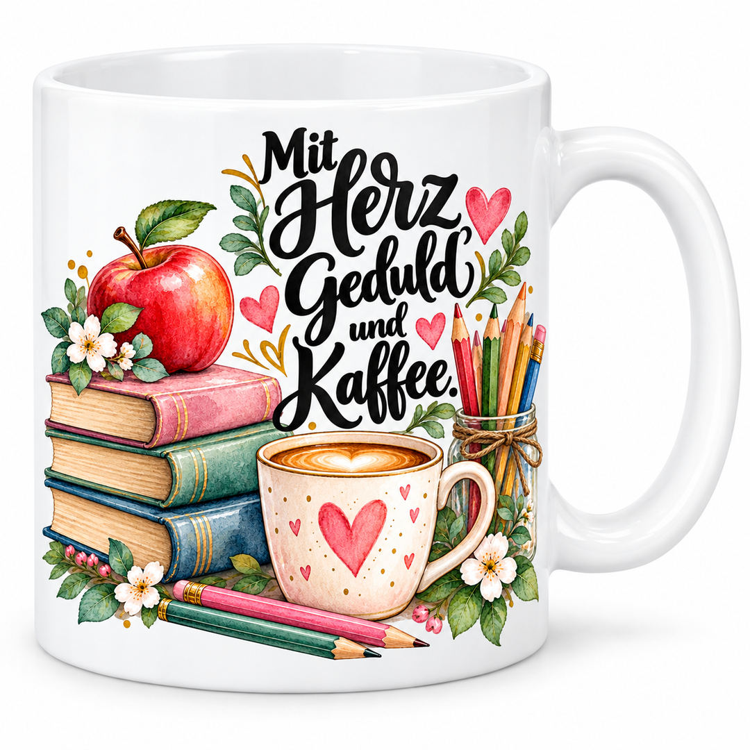 Lehrerinnen-Tasse „Mit Herz, Geduld und Kaffee.“ – 7 Farben – weiße Tasse