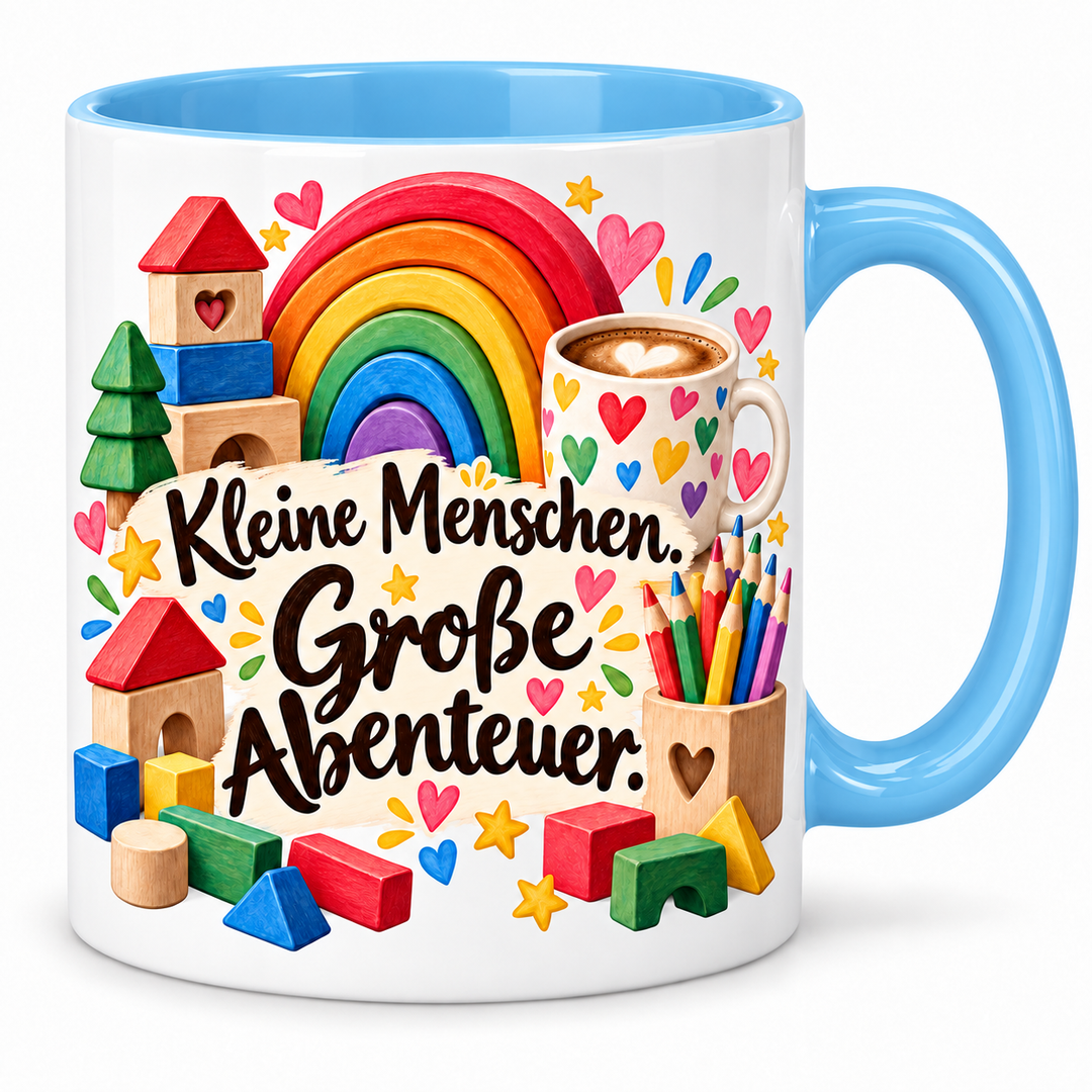 Erzieherinnen-Tasse Kleine Menschen. Große Abenteuer. – Blau