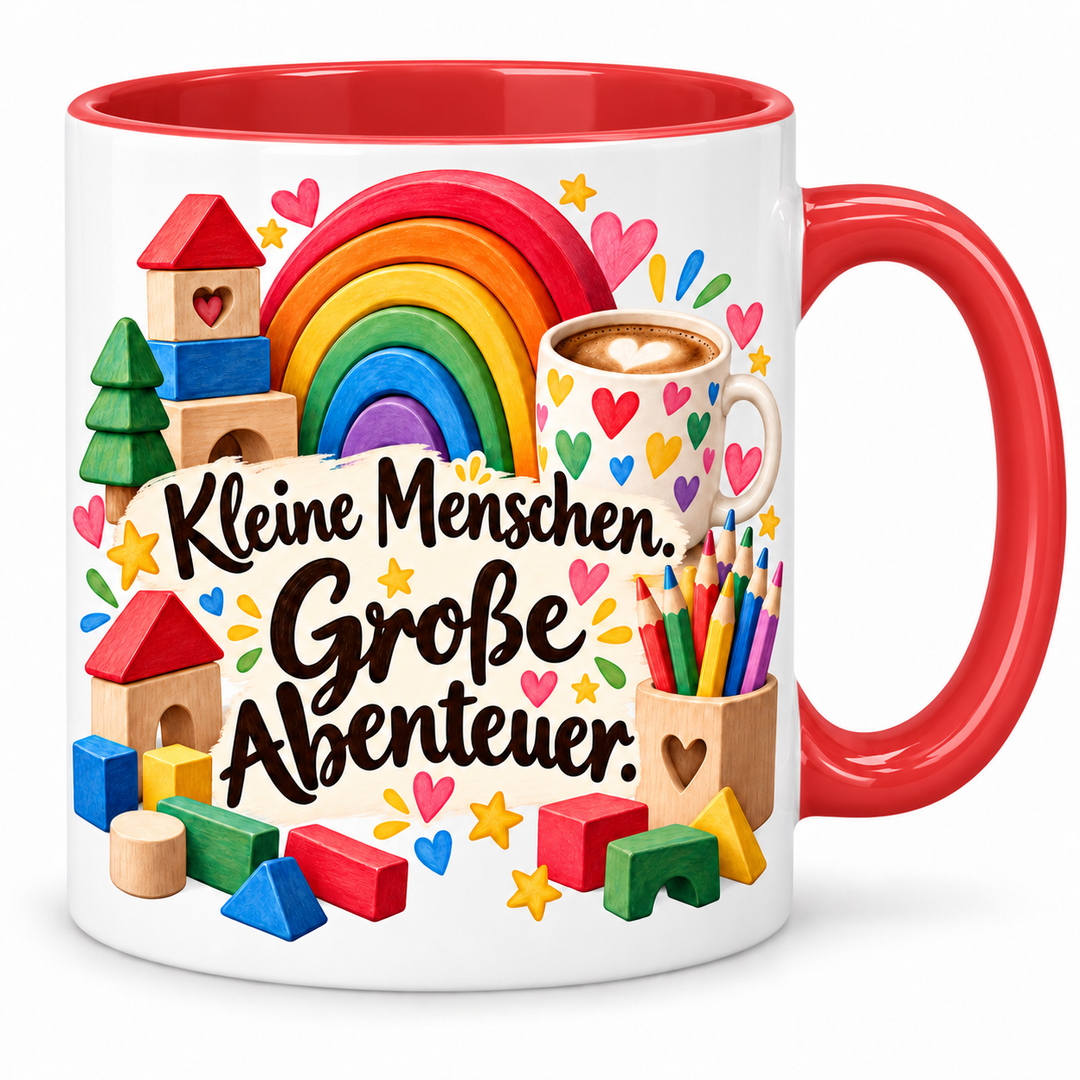 Erzieherinnen-Tasse Kleine Menschen. Große Abenteuer. – Rot