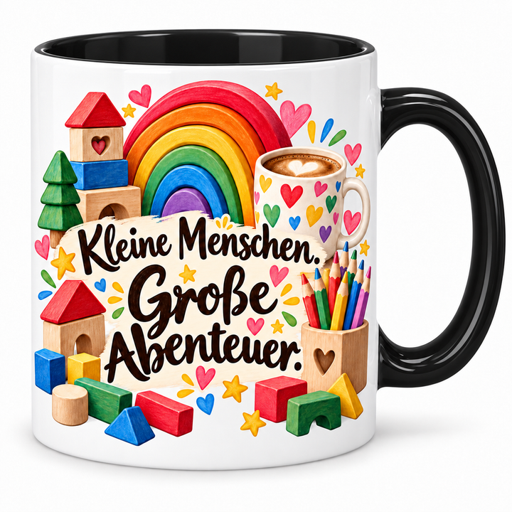 Erzieherinnen-Tasse Kleine Menschen. Große Abenteuer. – Schwarz