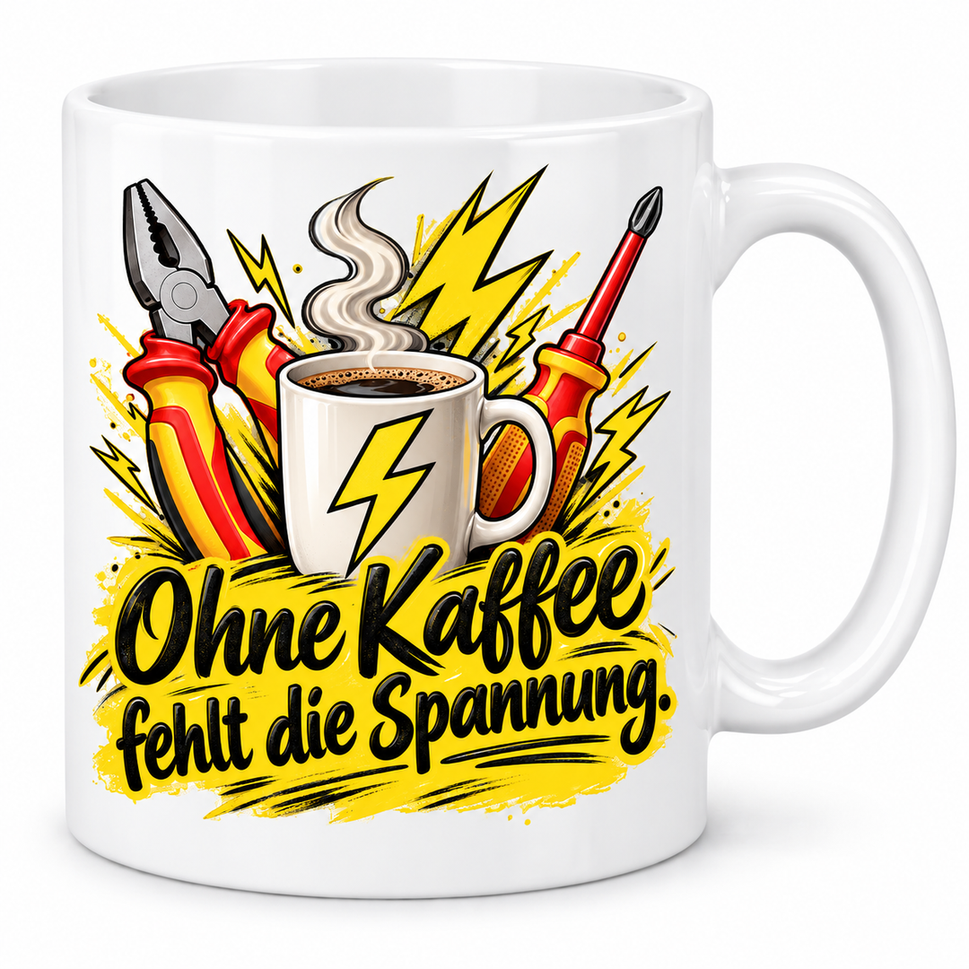 Elektriker-Tasse „Ohne Kaffee fehlt die Spannung.“ – 7 Farben – weiße Tasse
