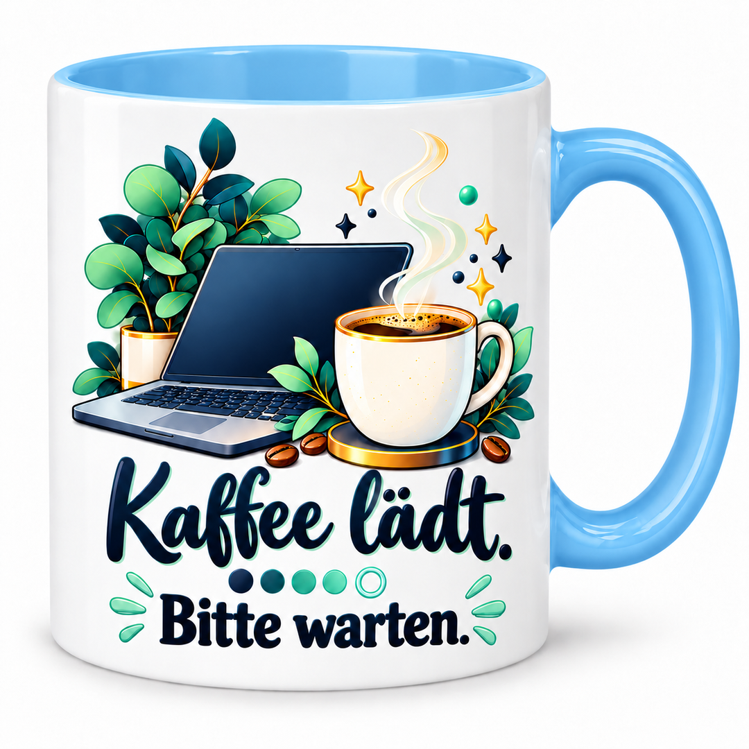 IT-Tasse „Kaffee lädt. Bitte warten.“ – Blau – korrigiertes Motiv