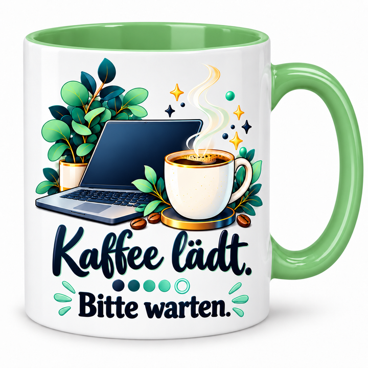 IT-Tasse „Kaffee lädt. Bitte warten.“ – Grün – korrigiertes Motiv