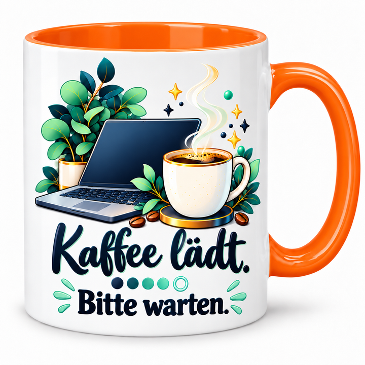 IT-Tasse „Kaffee lädt. Bitte warten.“ – Orange – korrigiertes Motiv