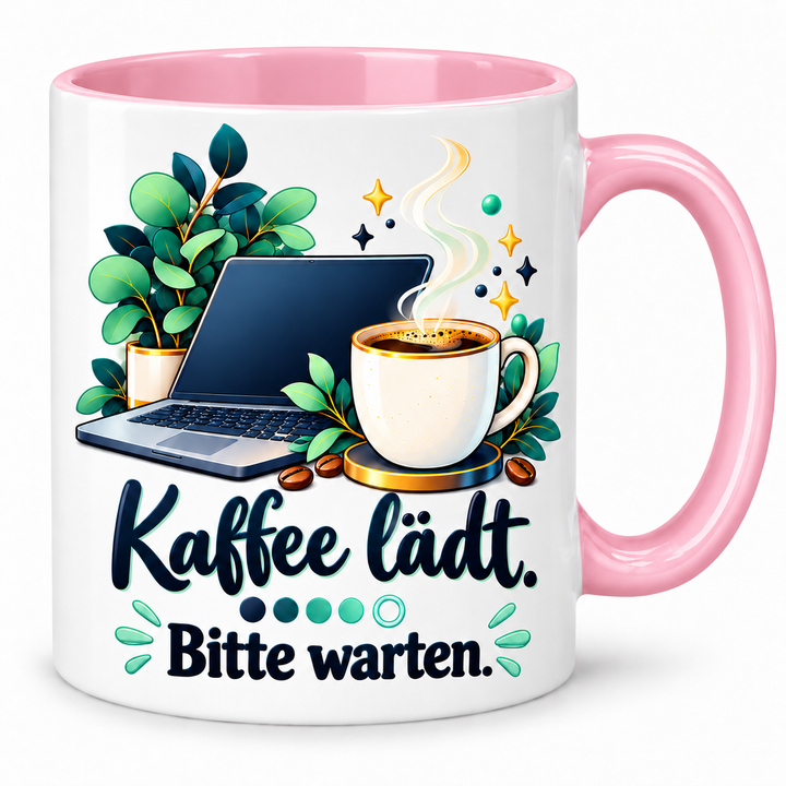 IT-Tasse „Kaffee lädt. Bitte warten.“ – Rosa – korrigiertes Motiv