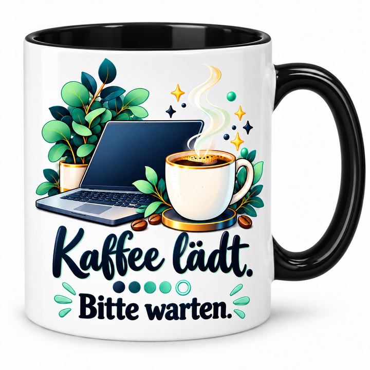 IT-Tasse „Kaffee lädt. Bitte warten.“ – Schwarz – korrigiertes Motiv