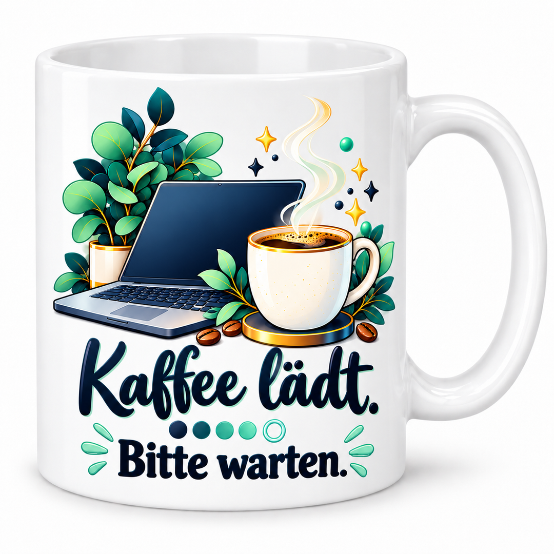 IT-Tasse „Kaffee lädt. Bitte warten.“ – Weiß – korrigiertes Motiv