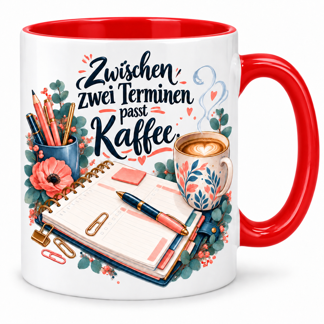 Büro-Tasse „Zwischen zwei Terminen passt Kaffee.“ – Rot