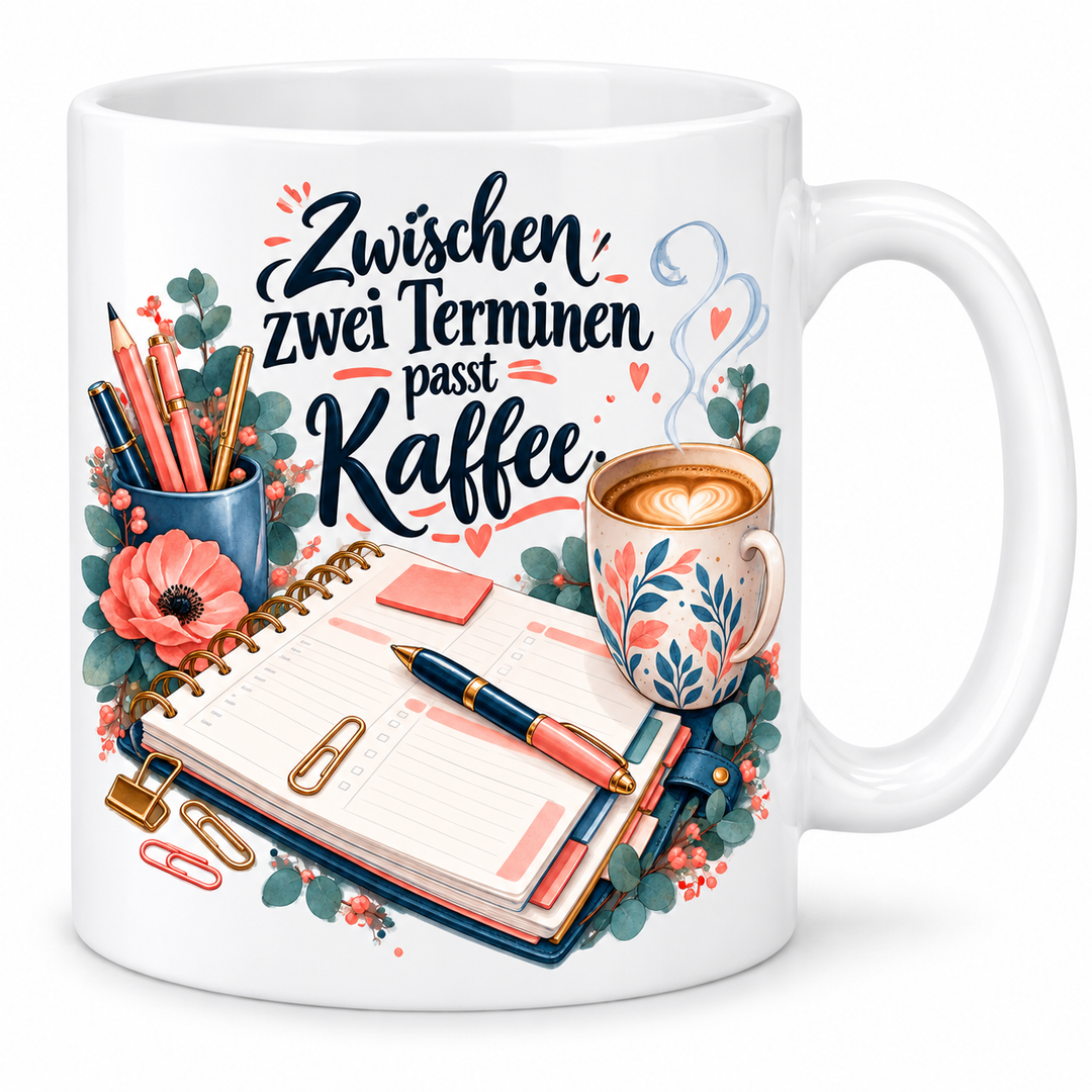 Büro-Tasse „Zwischen zwei Terminen passt Kaffee.“ – 7 Farben – weiße Tasse
