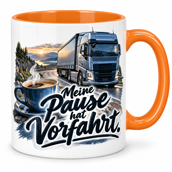 LKW-Fahrer-Tasse „Meine Pause hat Vorfahrt.“ – Orange