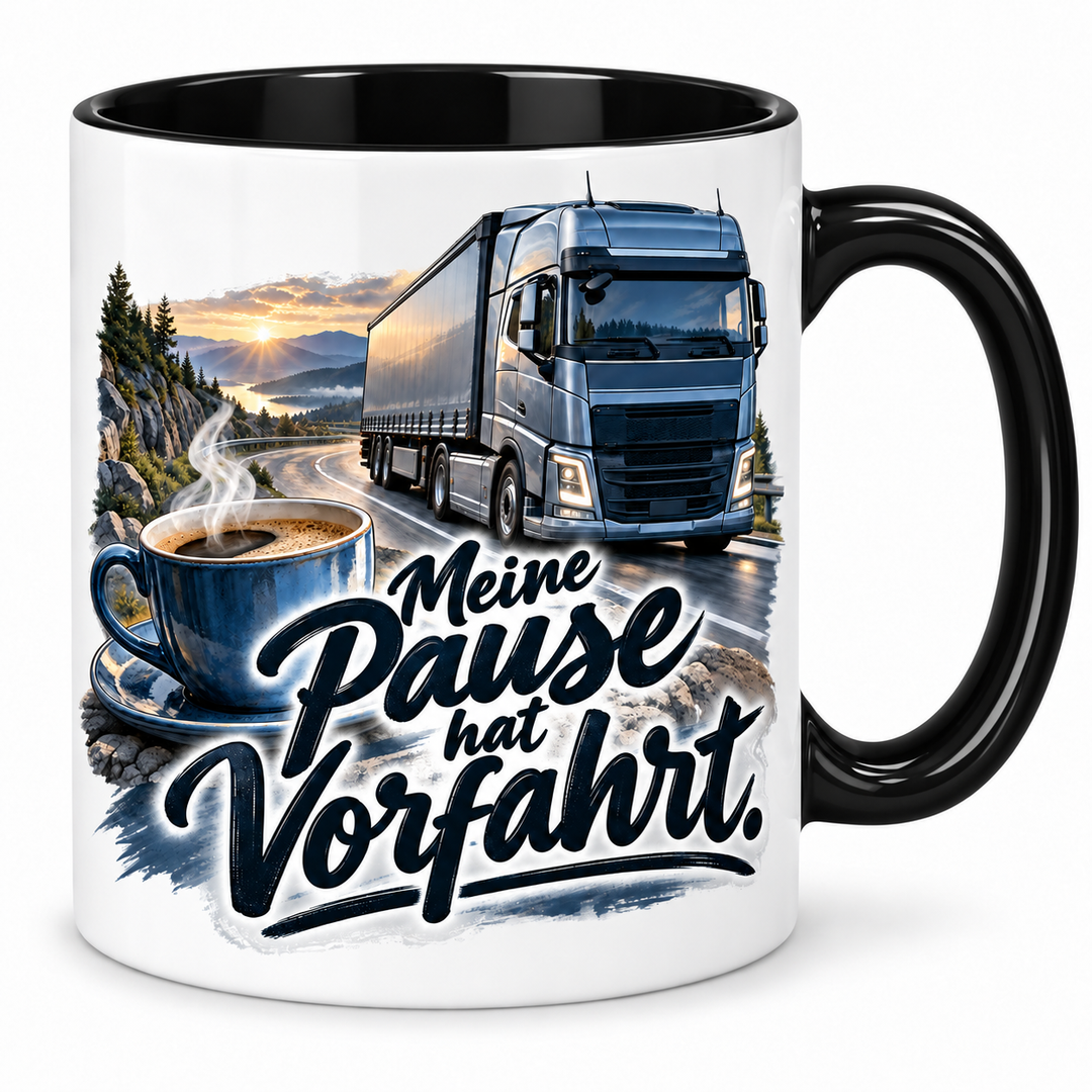 LKW-Fahrer-Tasse „Meine Pause hat Vorfahrt.“ – Schwarz