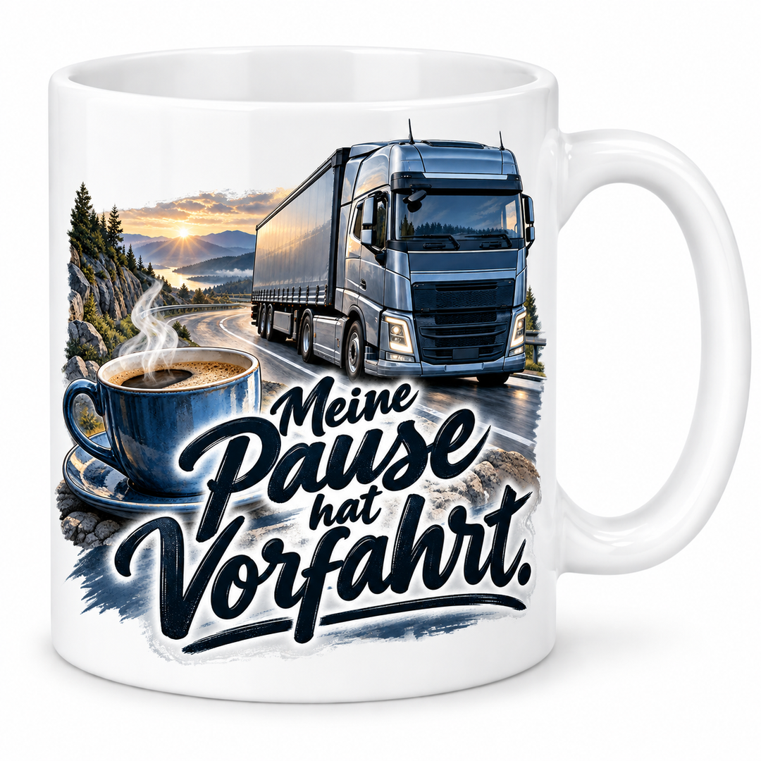 LKW-Fahrer-Tasse „Meine Pause hat Vorfahrt.“ – 7 Farben – weiße Tasse