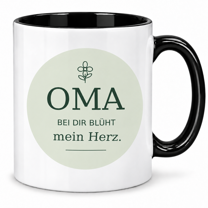 Oma-Tasse Bei dir blüht mein Herz – schwarz
