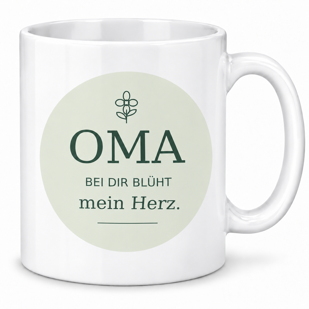 Oma-Tasse Bei dir blüht mein Herz – weiss