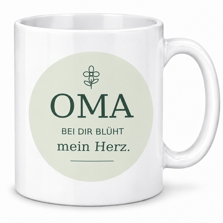 Oma-Tasse Bei dir blüht mein Herz – weiss