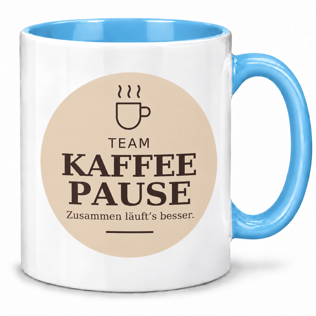 Kollegen-Tasse Team Kaffeepause mit blauem Henkel und Innenfarbe