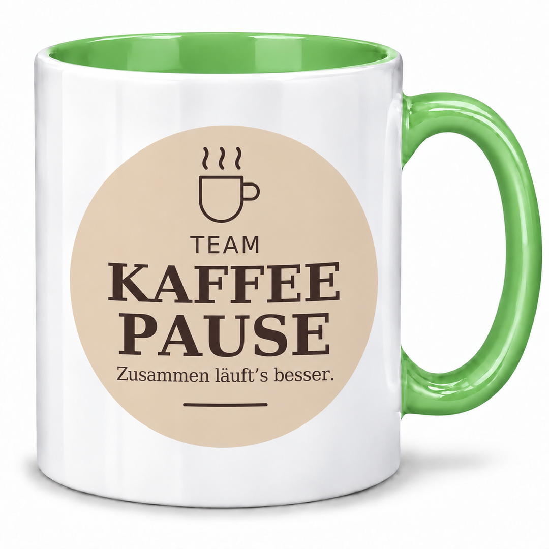 Kollegen-Tasse Team Kaffeepause mit grünem Henkel und Innenfarbe