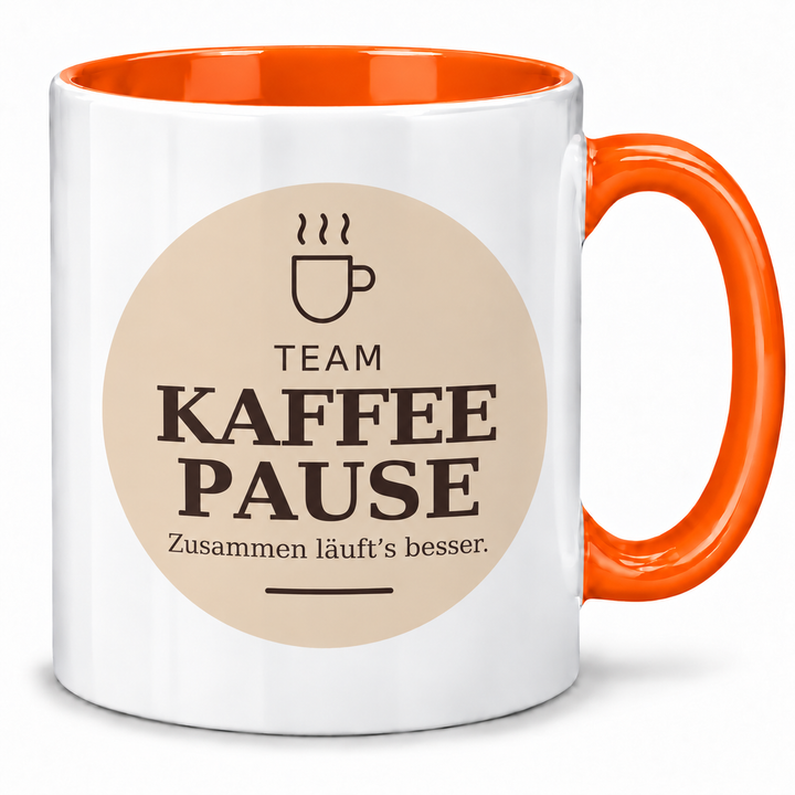 Kollegen-Tasse Team Kaffeepause mit orangem Henkel und Innenfarbe