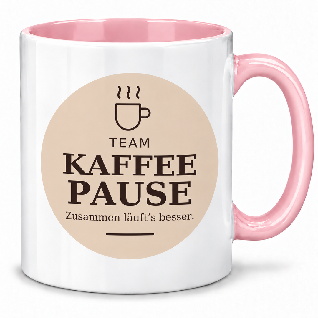 Kollegen-Tasse Team Kaffeepause mit rosa Henkel und Innenfarbe