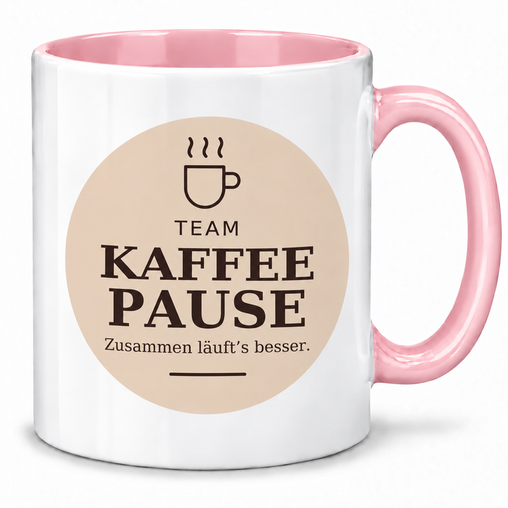 Kollegen-Tasse Team Kaffeepause mit rosa Henkel und Innenfarbe
