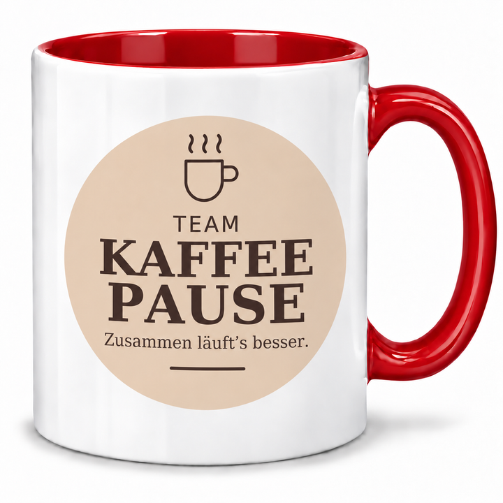 Kollegen-Tasse Team Kaffeepause mit rotem Henkel und Innenfarbe