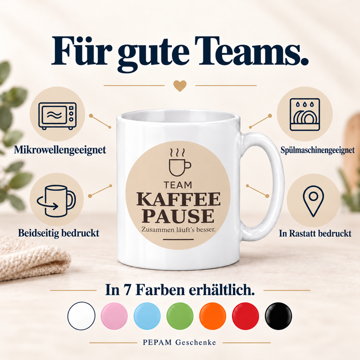 Kollegen-Tasse Team Kaffeepause – Produktvorteile und sieben Farben