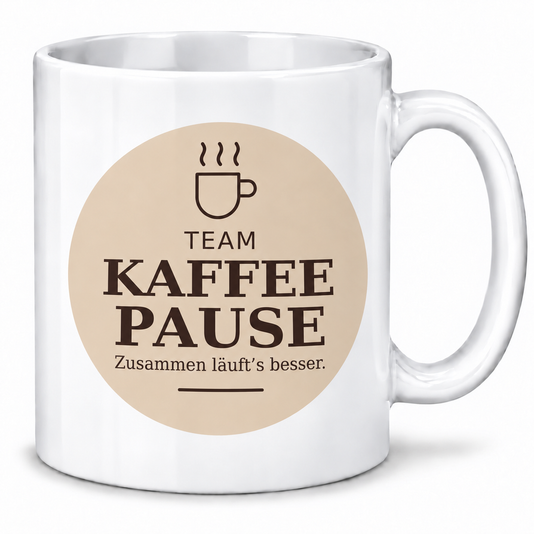 Kollegen-Tasse Team Kaffeepause in Weiß, beidseitig bedruckt