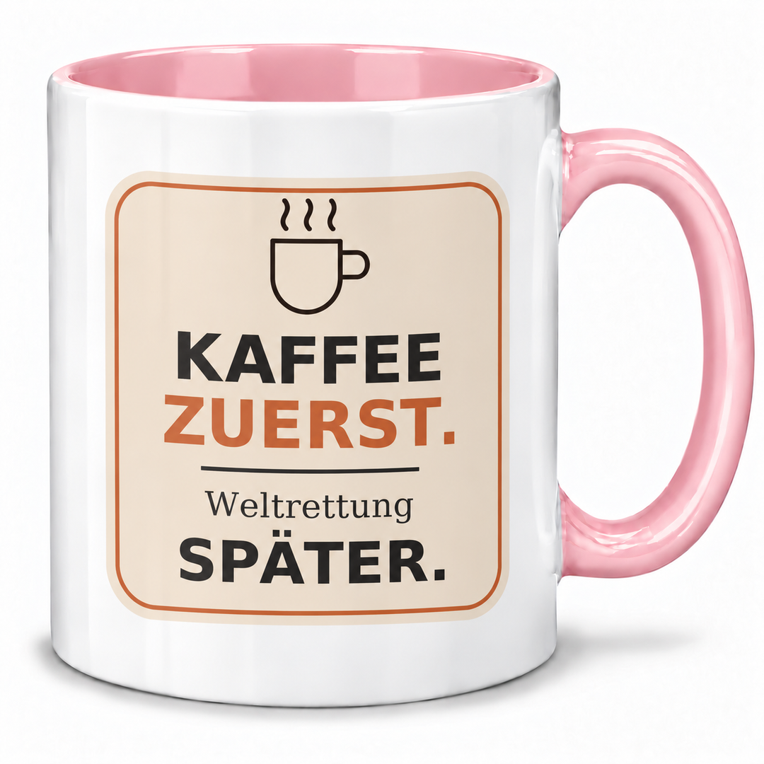Lustige Kaffee-Tasse Weltrettung später mit rosa Henkel und Innenfarbe