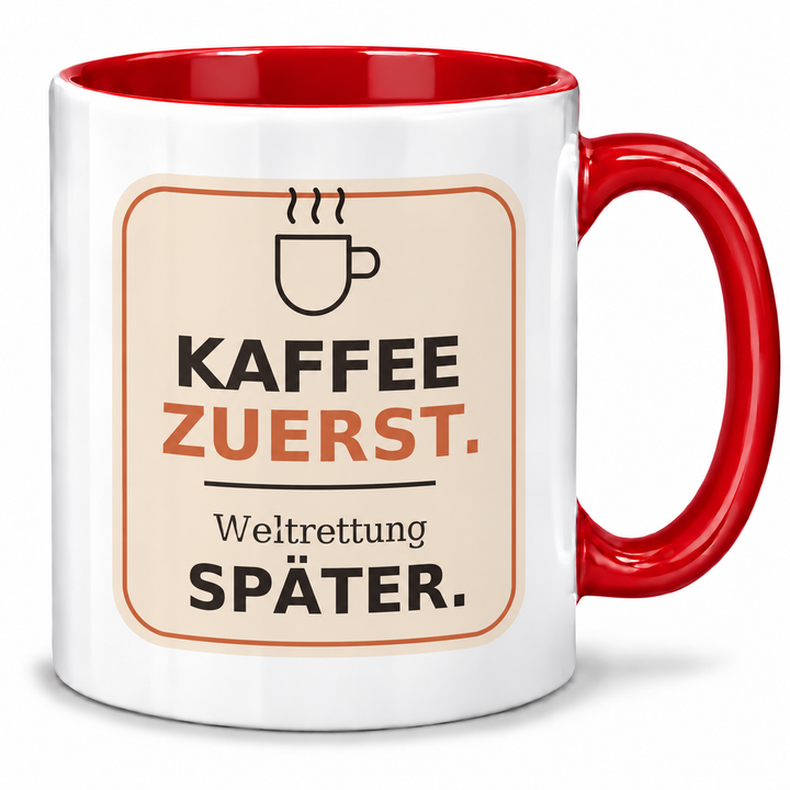 Lustige Kaffee-Tasse Weltrettung später mit rotem Henkel und Innenfarbe