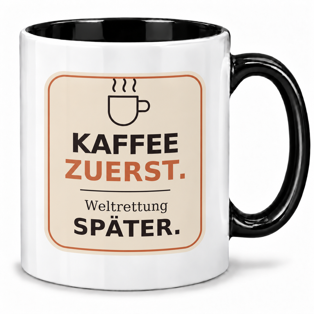 Lustige Kaffee-Tasse Weltrettung später mit schwarzem Henkel und Innenfarbe
