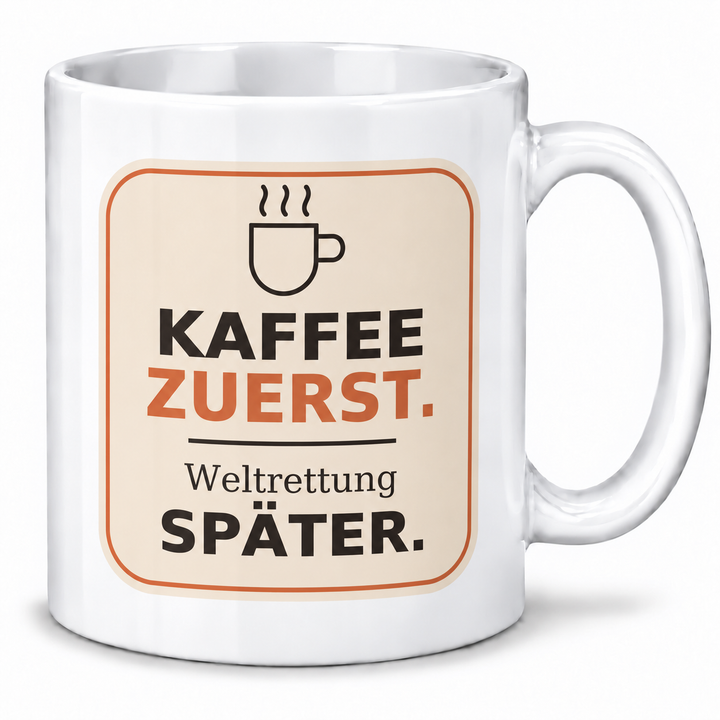 Lustige Kaffee-Tasse Weltrettung später in Weiß, beidseitig bedruckt