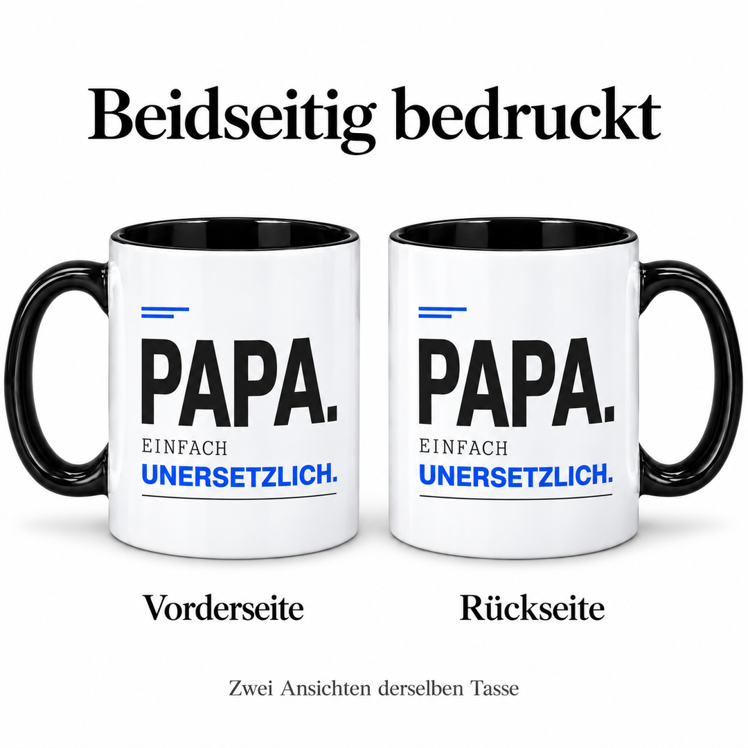 Papa-Tasse Einfach unersetzlich – Schwarz-Blau Design – beidseitig