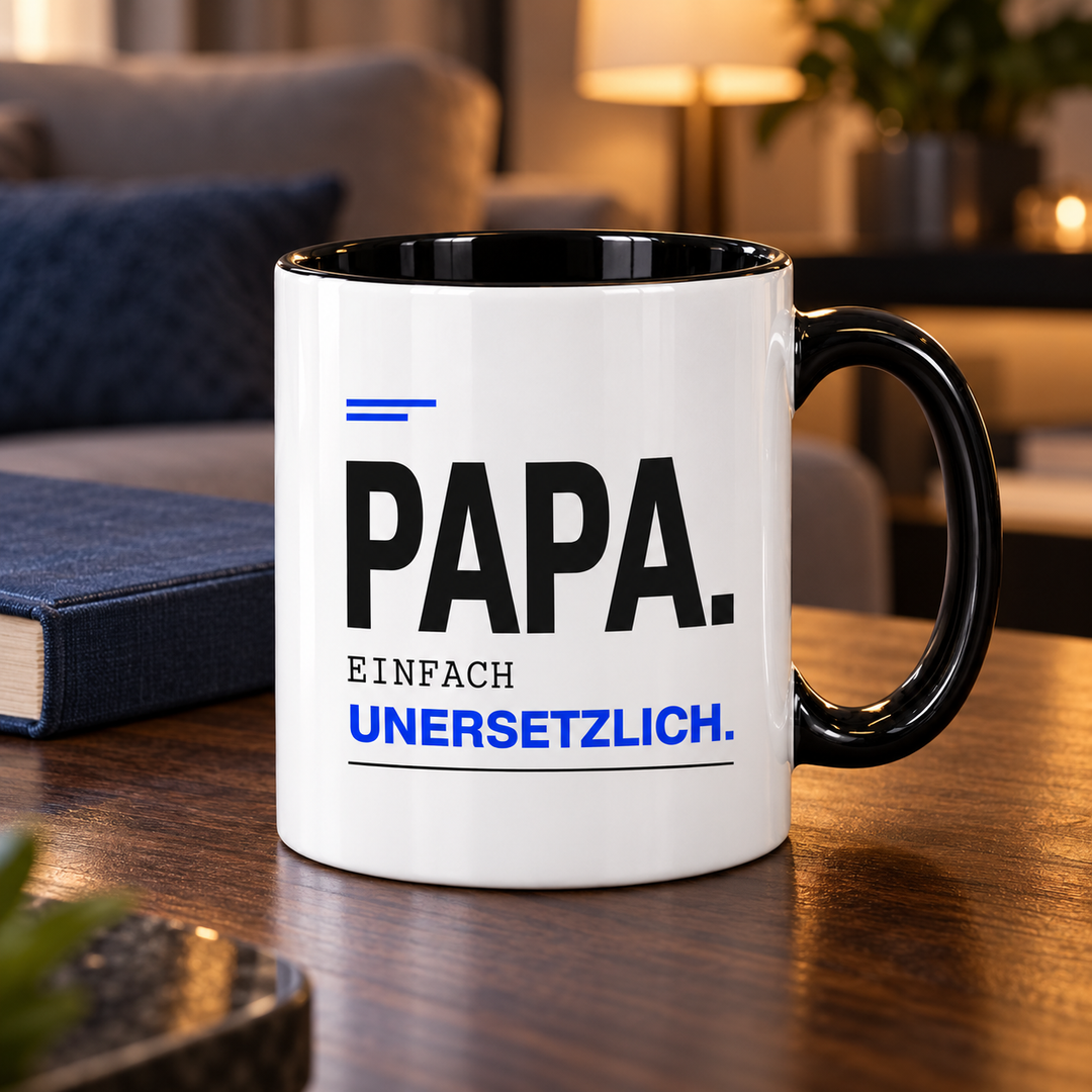 Papa-Tasse Einfach unersetzlich – Schwarz-Blau Design – lifestyle