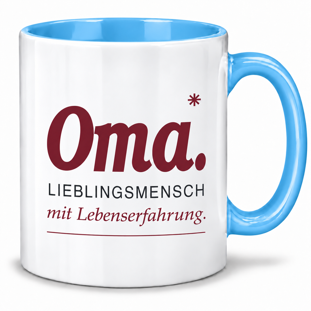 Oma-Tasse Lieblingsmensch mit Lebenserfahrung – blau – PEPAM